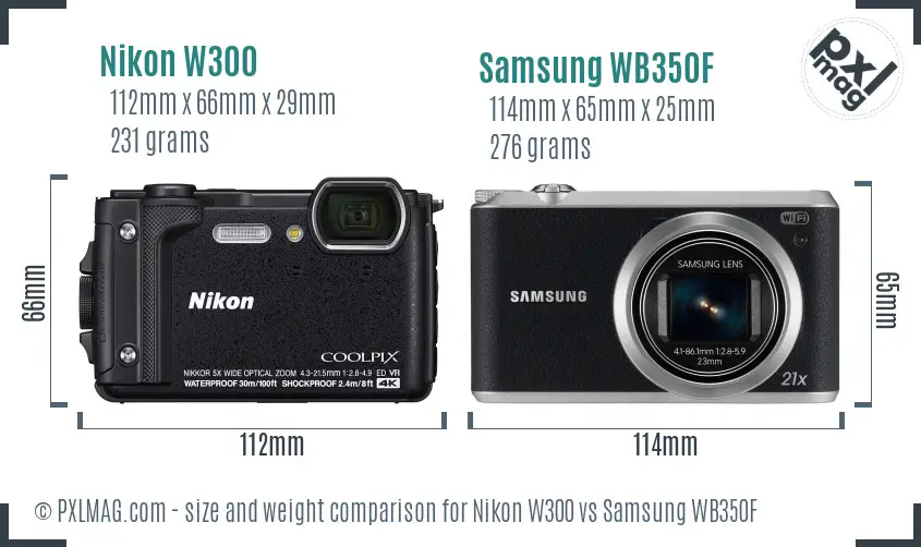 Nikon W300 vs Samsung WB350F size comparison