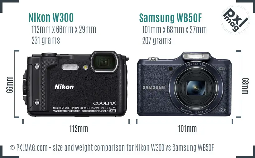 Nikon W300 vs Samsung WB50F size comparison