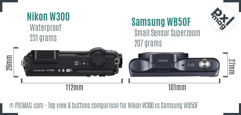 Nikon W300 vs Samsung WB50F top view buttons comparison