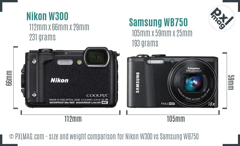 Nikon W300 vs Samsung WB750 size comparison