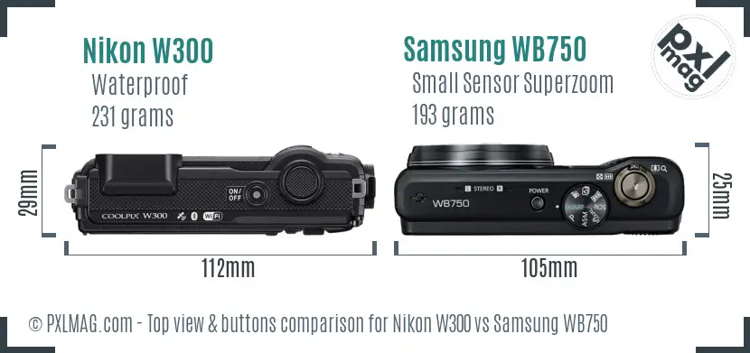 Nikon W300 vs Samsung WB750 top view buttons comparison