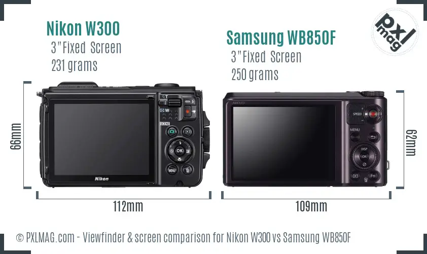 Nikon W300 vs Samsung WB850F Screen and Viewfinder comparison