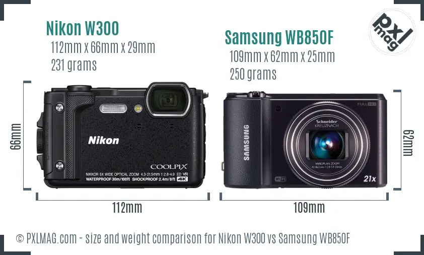 Nikon W300 vs Samsung WB850F size comparison