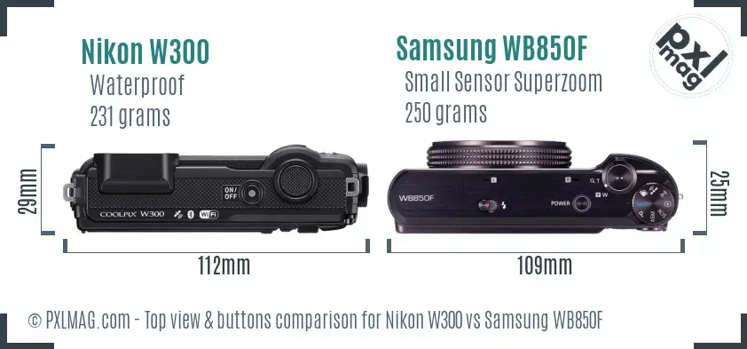 Nikon W300 vs Samsung WB850F top view buttons comparison
