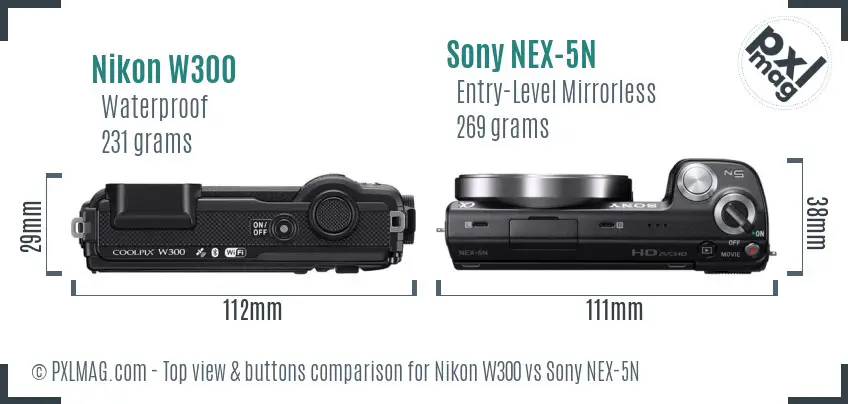 Nikon W300 vs Sony NEX-5N top view buttons comparison