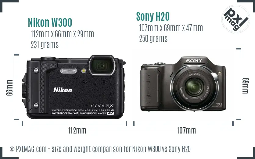 Nikon W300 vs Sony H20 size comparison