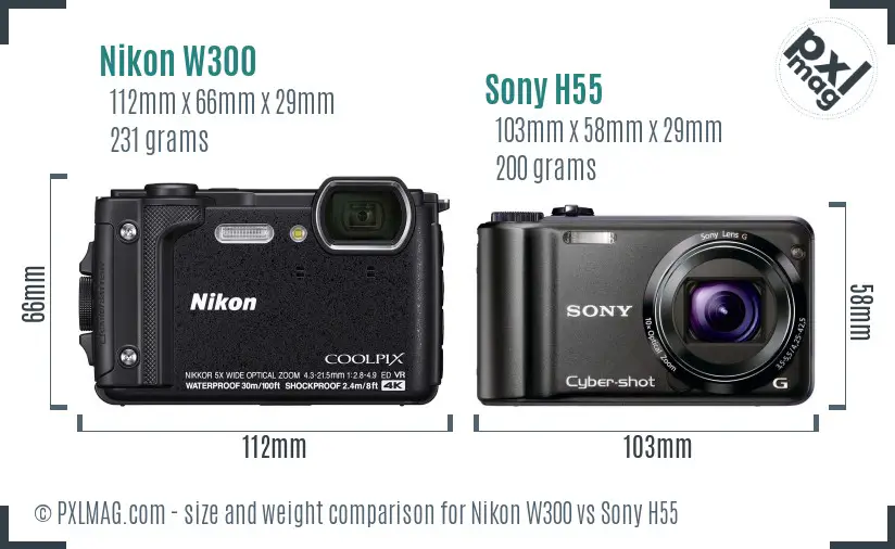 Nikon W300 vs Sony H55 size comparison