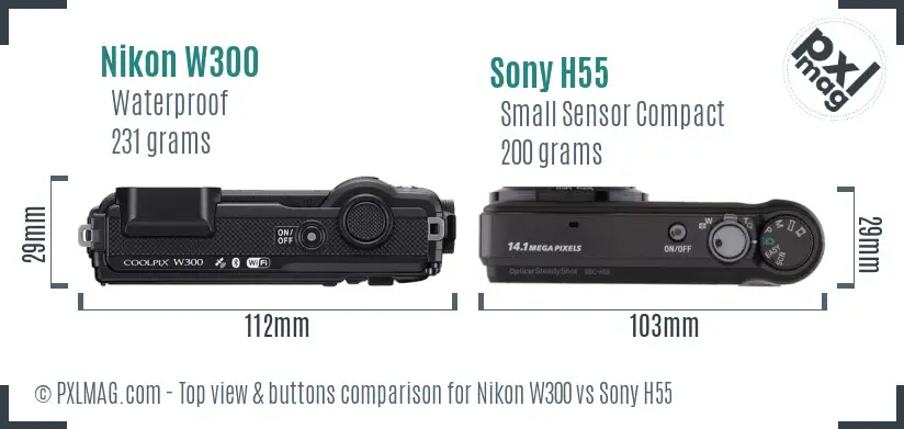 Nikon W300 vs Sony H55 top view buttons comparison