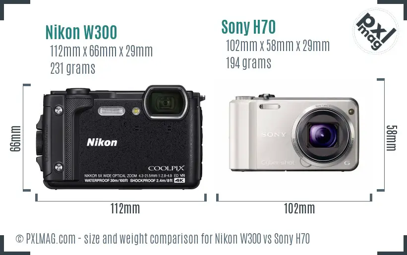 Nikon W300 vs Sony H70 size comparison