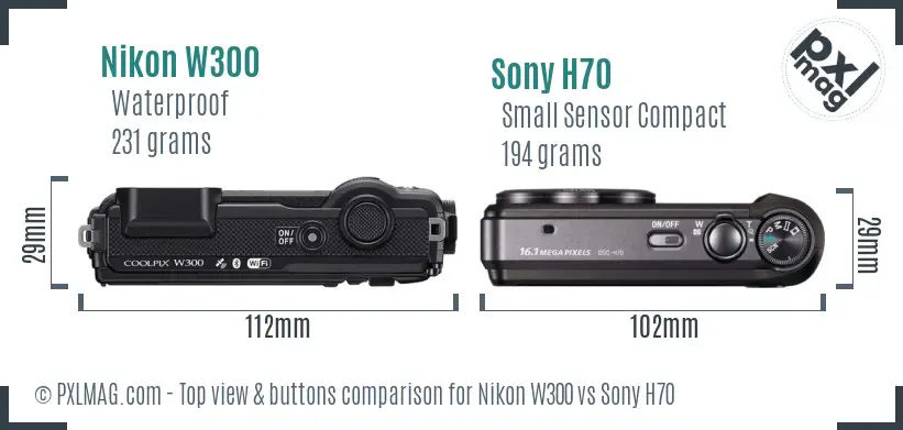 Nikon W300 vs Sony H70 top view buttons comparison