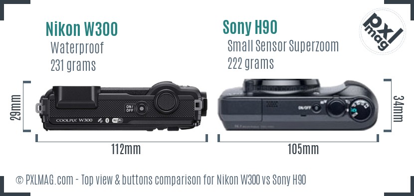 Nikon W300 vs Sony H90 top view buttons comparison