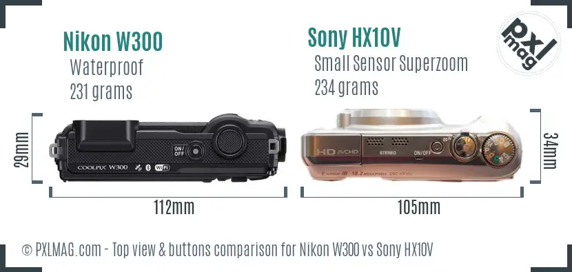 Nikon W300 vs Sony HX10V top view buttons comparison