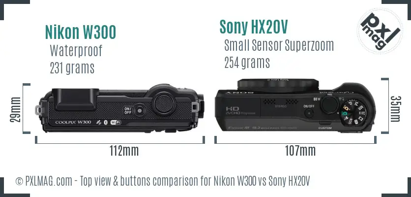 Nikon W300 vs Sony HX20V top view buttons comparison