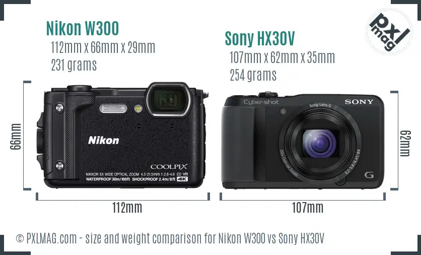 Nikon W300 vs Sony HX30V size comparison