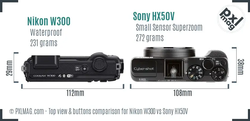 Nikon W300 vs Sony HX50V top view buttons comparison