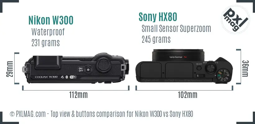 Nikon W300 vs Sony HX80 top view buttons comparison