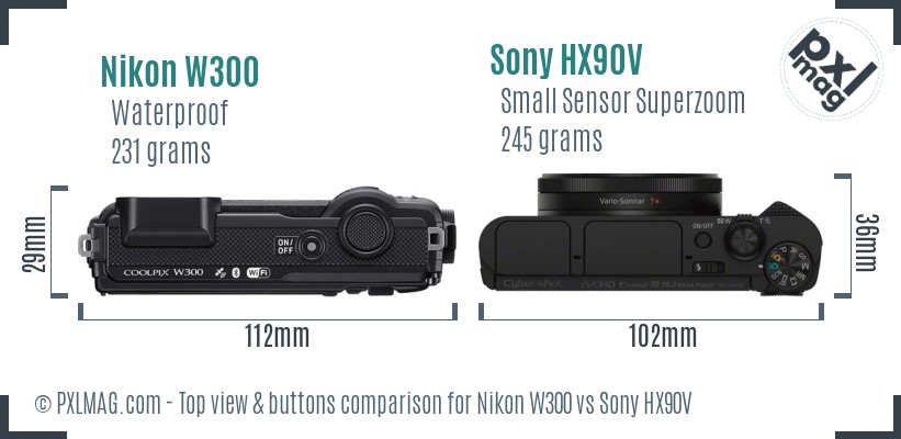 Nikon W300 vs Sony HX90V top view buttons comparison
