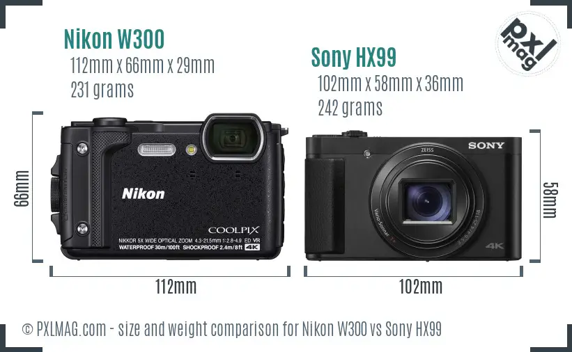 Nikon W300 vs Sony HX99 size comparison