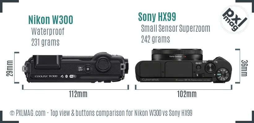 Nikon W300 vs Sony HX99 top view buttons comparison