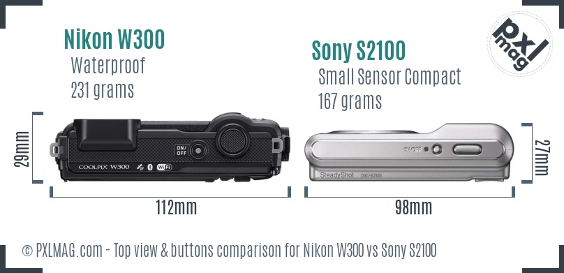 Nikon W300 vs Sony S2100 top view buttons comparison