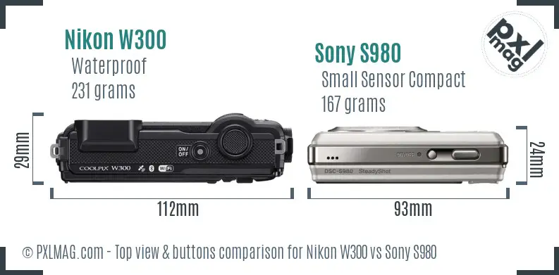 Nikon W300 vs Sony S980 top view buttons comparison