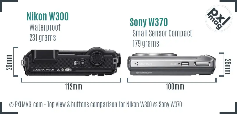 Nikon W300 vs Sony W370 top view buttons comparison