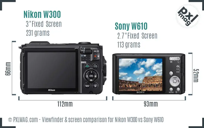 Nikon W300 vs Sony W610 Screen and Viewfinder comparison