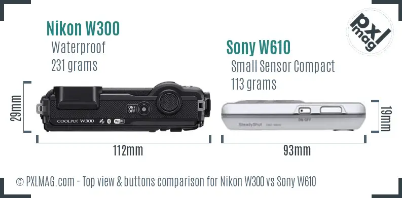 Nikon W300 vs Sony W610 top view buttons comparison