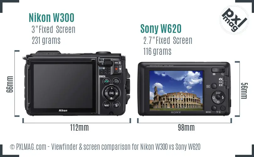 Nikon W300 vs Sony W620 Screen and Viewfinder comparison