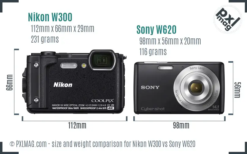 Nikon W300 vs Sony W620 size comparison