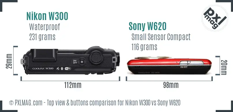 Nikon W300 vs Sony W620 top view buttons comparison