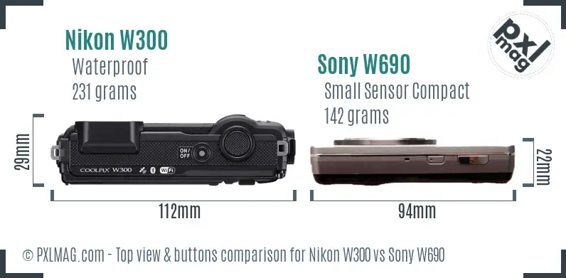 Nikon W300 vs Sony W690 top view buttons comparison Nikon W300 vs Sony W690 top view buttons comparison