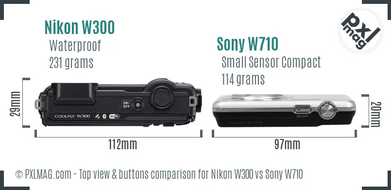 Nikon W300 vs Sony W710 top view buttons comparison Nikon W300 vs Sony W710 top view buttons comparison