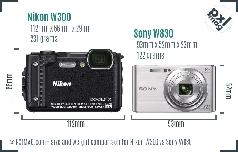 Nikon W300 vs Sony W830 size comparison