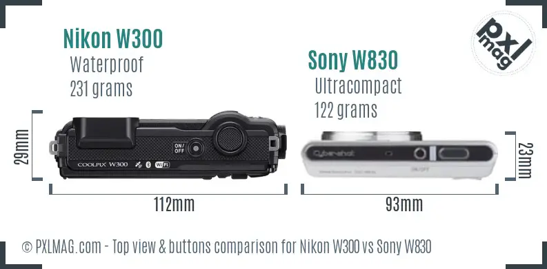 Nikon W300 vs Sony W830 top view buttons comparison