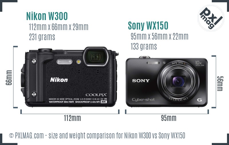 Nikon W300 vs Sony WX150 size comparison