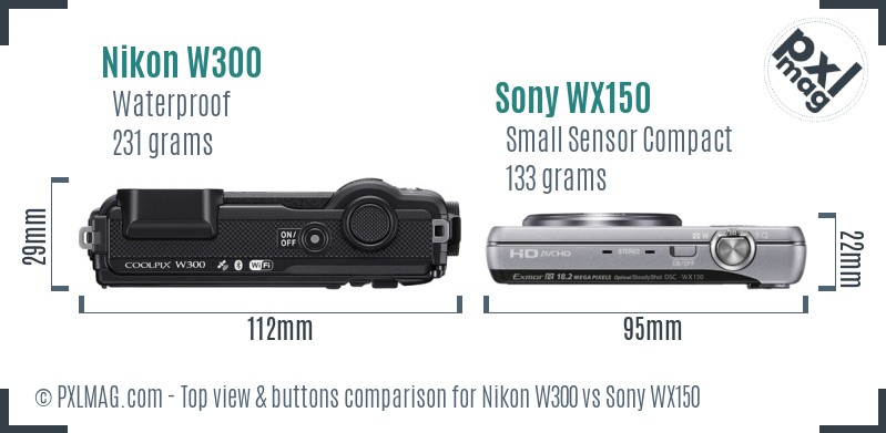 Nikon W300 vs Sony WX150 top view buttons comparison