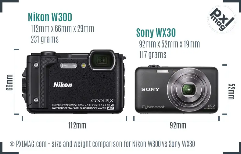 Nikon W300 vs Sony WX30 size comparison