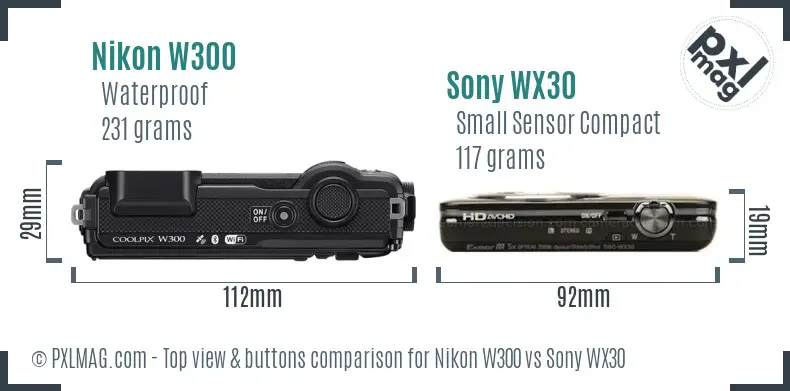 Nikon W300 vs Sony WX30 top view buttons comparison