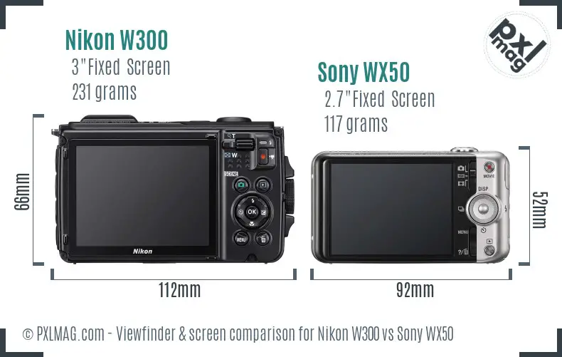 Nikon W300 vs Sony WX50 Screen and Viewfinder comparison