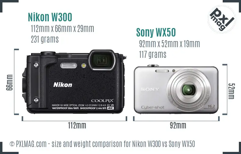 Nikon W300 vs Sony WX50 size comparison