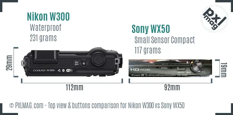 Nikon W300 vs Sony WX50 top view buttons comparison