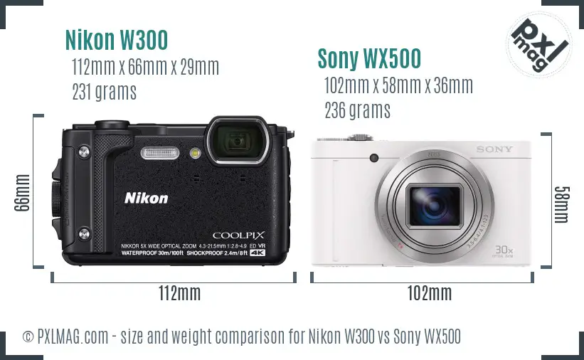 Nikon W300 vs Sony WX500 size comparison