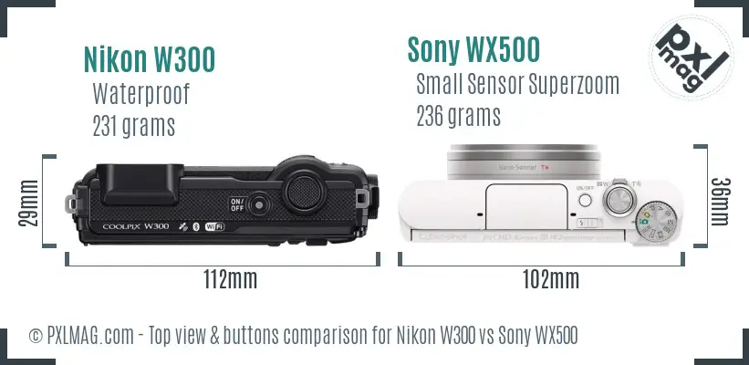 Nikon W300 vs Sony WX500 top view buttons comparison