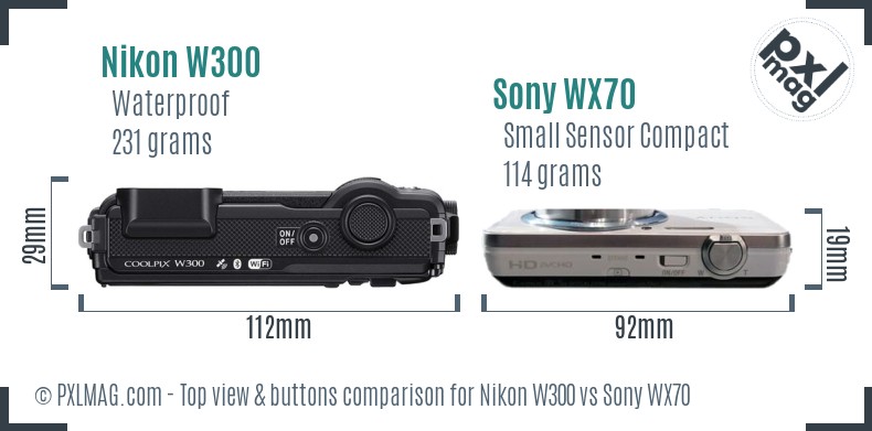 Nikon W300 vs Sony WX70 top view buttons comparison