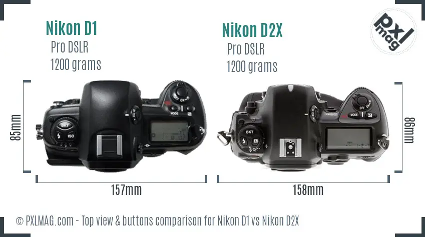 Nikon D1 vs Nikon D2X top view buttons comparison