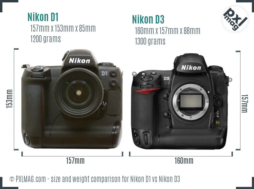 Nikon D1 vs Nikon D3 size comparison