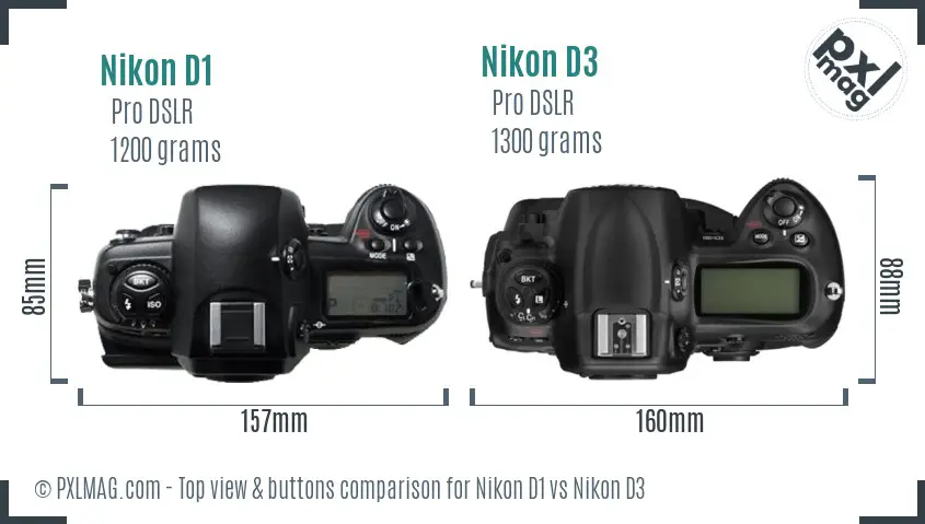 Nikon D1 vs Nikon D3 top view buttons comparison