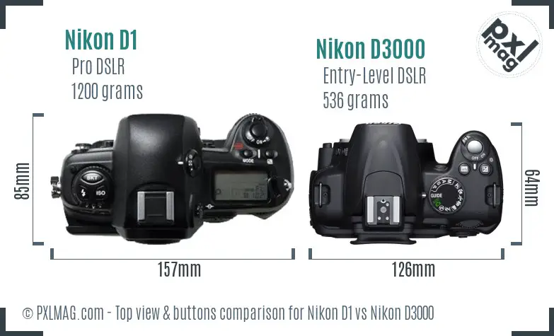 Nikon D1 vs Nikon D3000 top view buttons comparison