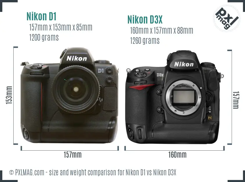 Nikon D1 vs Nikon D3X size comparison